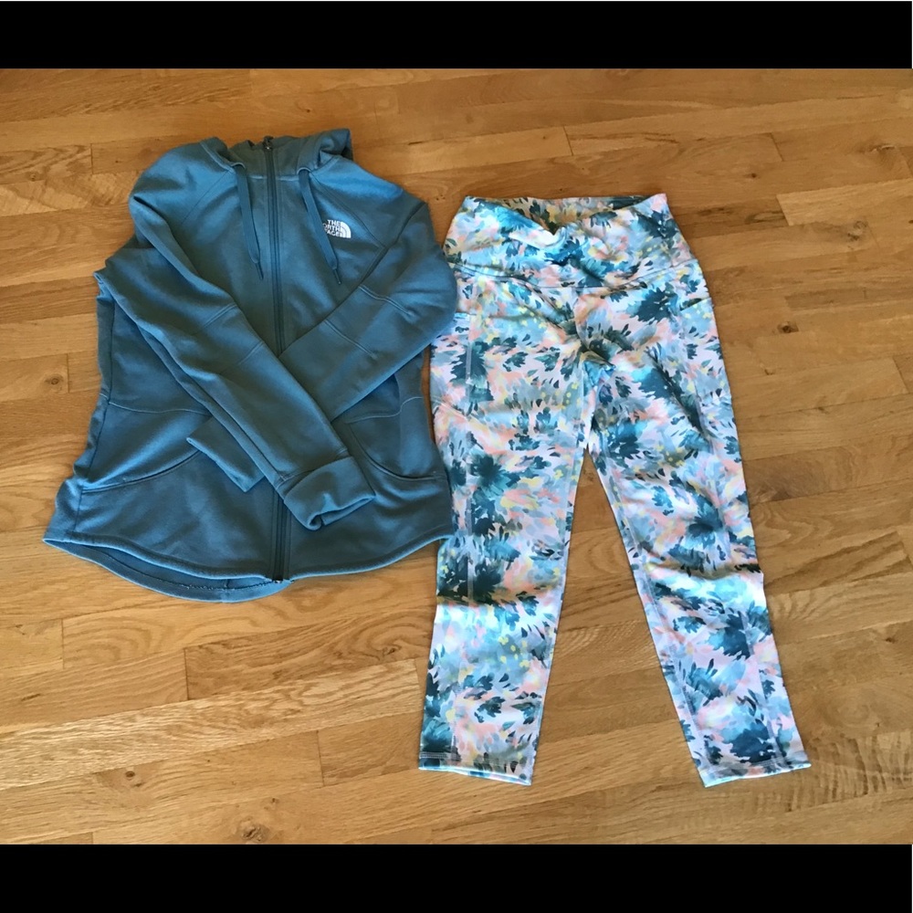 Gaiam capris and north face sweatshirt